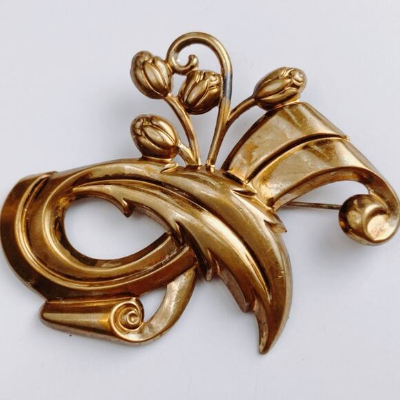 VTG 1940s Brooch Tulip Mid Century Ribbon Floral Scroll Gold Tone Pin - Picture 3 of 10
